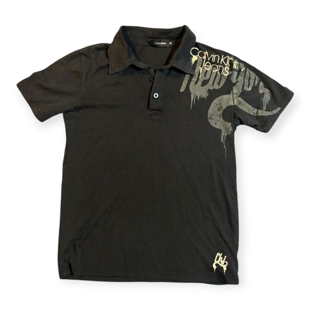 Calvin Klein Jeans Graphic Polo Black Snake/Drip Print Men's XL